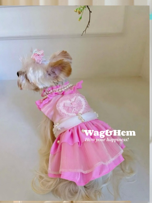 (度身訂製)「桃粉心鑽」高級寵物禮服裙 |寵物婚禮|高端布料【UT系列】