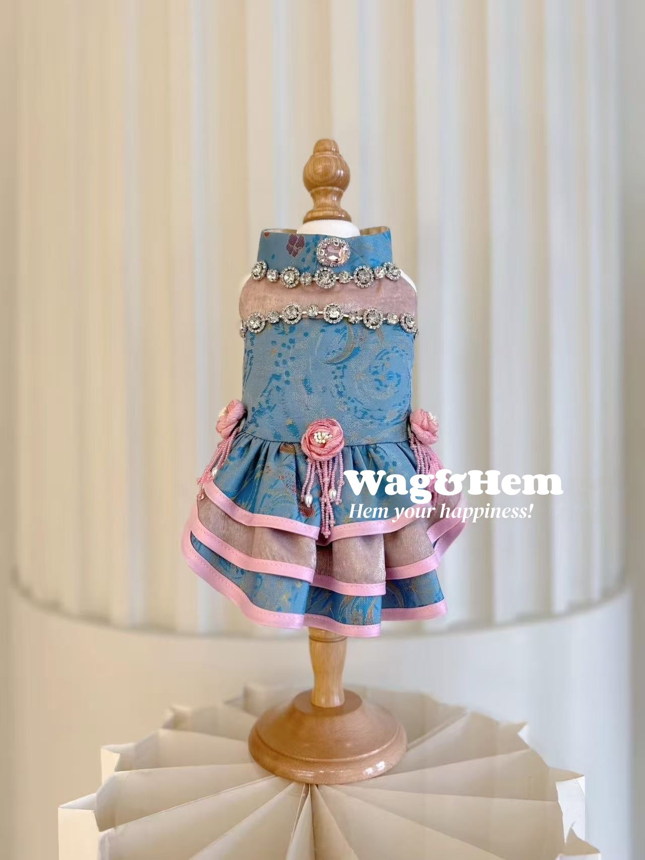 (度身訂製)「藍粉綢鑽」高級寵物禮服裙|寵物婚禮|高端布料【UT系列】