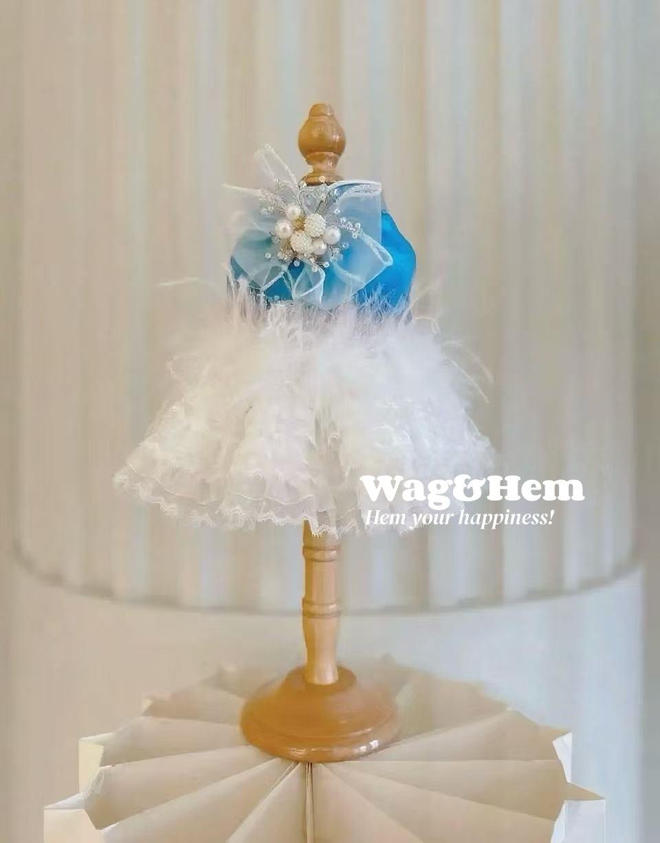 (Hecho a medida)Vestido de gala para mascotas "Mariposa de plumas" (azul)|Bodas para mascotas|Tela de alta gama【Serie UT】