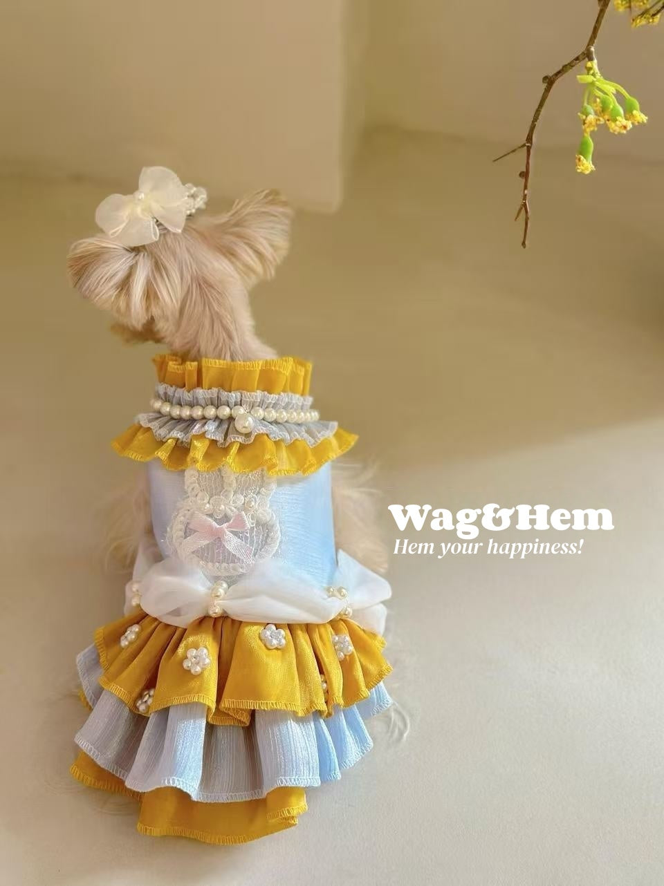 (Hecho a medida)Vestido de gala para mascotas "Perlas azul y amarillo"|Bodas para mascotas|Tela de alta gama【Serie UT】