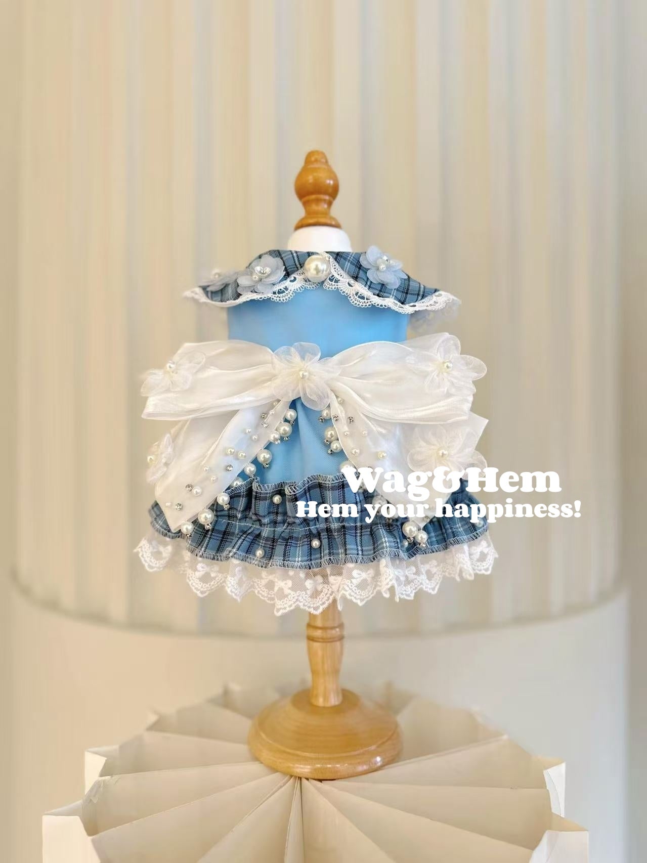 (Hecho a medida)Vestido de gala multicolor de alta gama "Flores de perlas a cuadros" (azul)|Boda para mascotas|Tela de alta calidad【Serie UT】