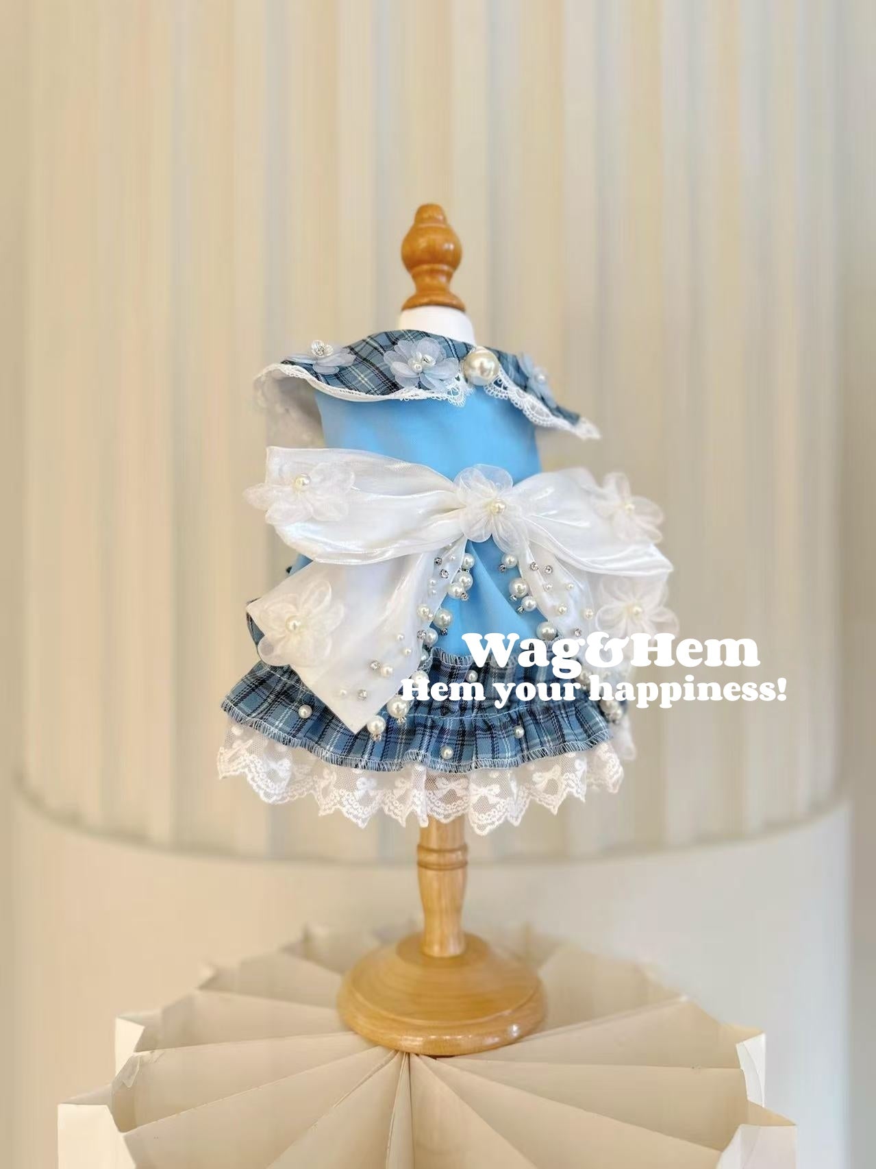 (Hecho a medida)Vestido de gala multicolor de alta gama "Flores de perlas a cuadros" (azul)|Boda para mascotas|Tela de alta calidad【Serie UT】