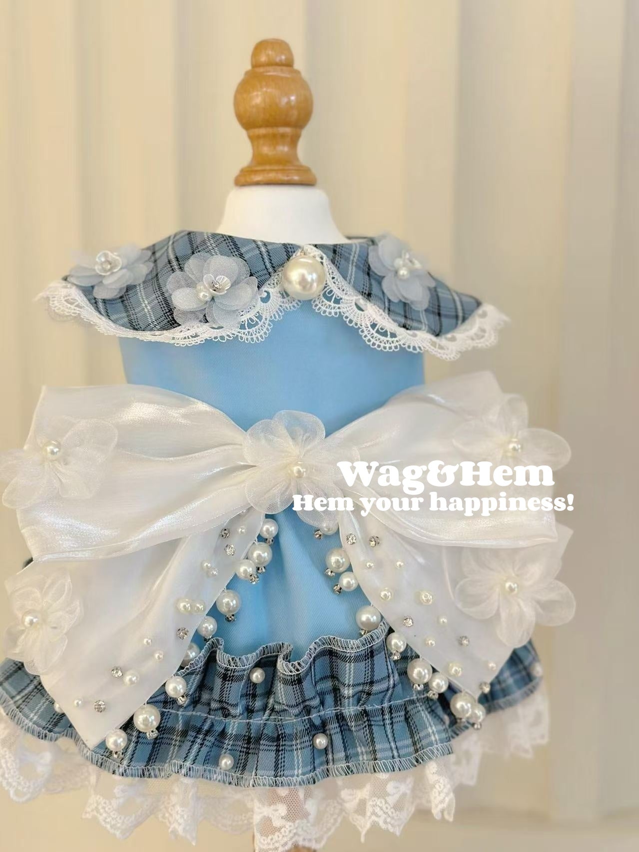 (Hecho a medida)Vestido de gala multicolor de alta gama "Flores de perlas a cuadros" (azul)|Boda para mascotas|Tela de alta calidad【Serie UT】