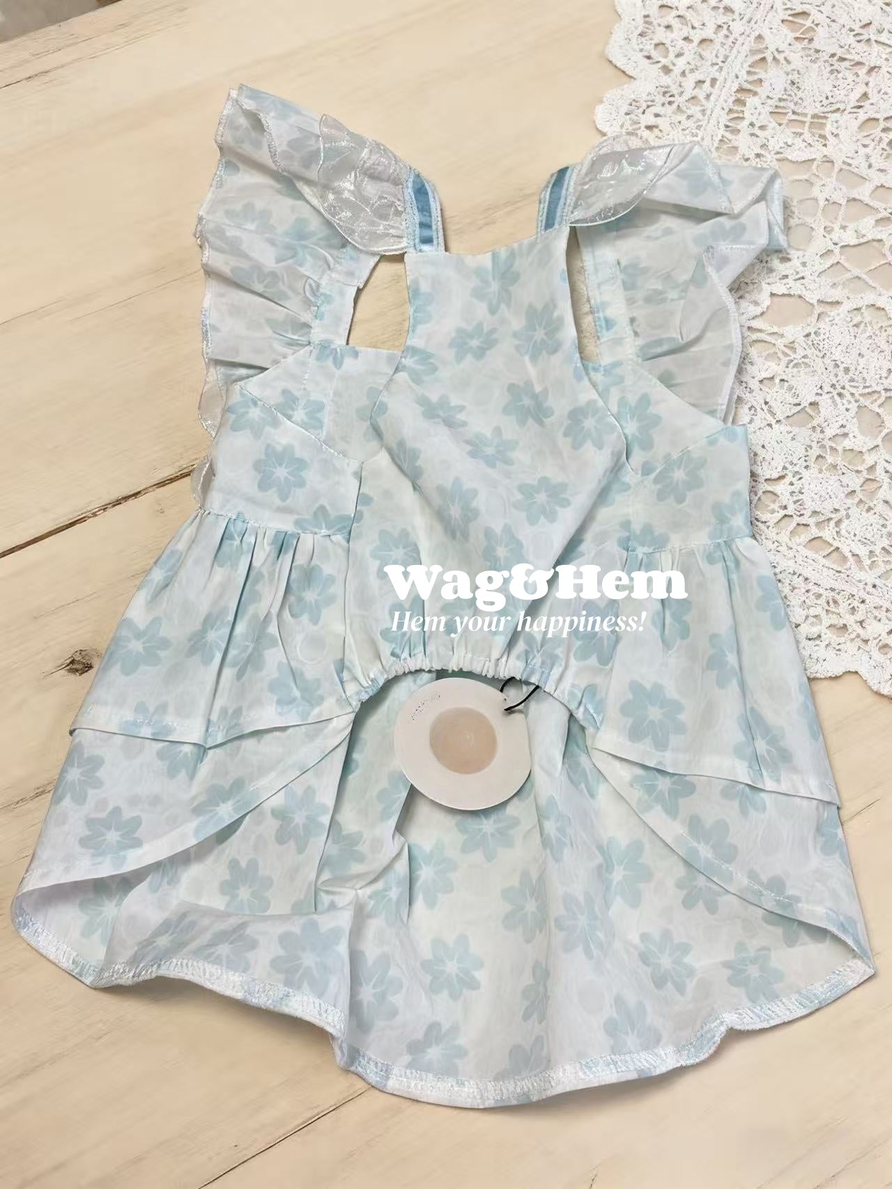「靈動精靈」淺藍碎花寵物裙|春日仙女風|蕾絲蝴蝶結【WH系列】