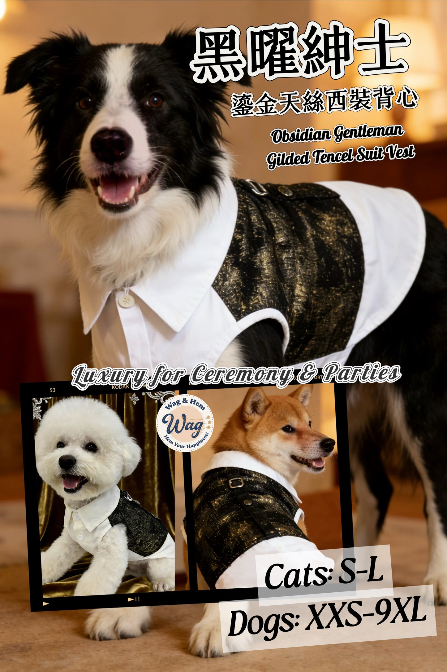 「黑曜紳士」鎏金天絲西裝背心|寵物服飾【WH系列】