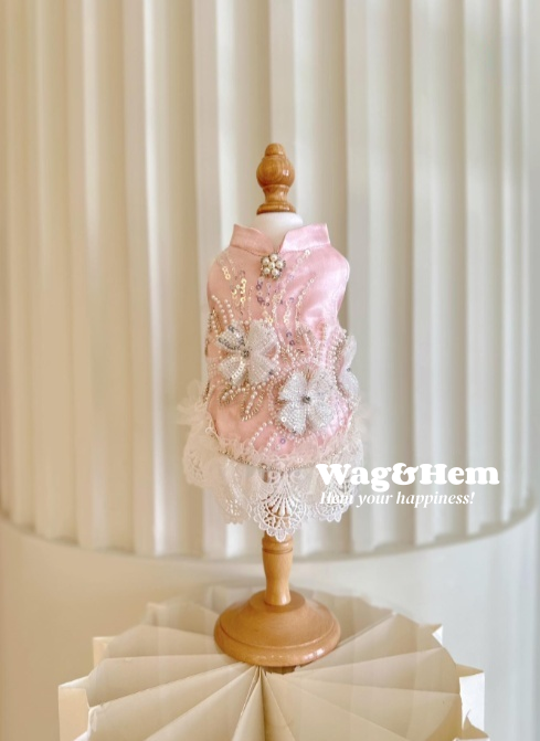 (度身訂製)「紫綾花絨」高級寵物禮服裙(粉)|寵物婚禮|高端布料【UT系列】