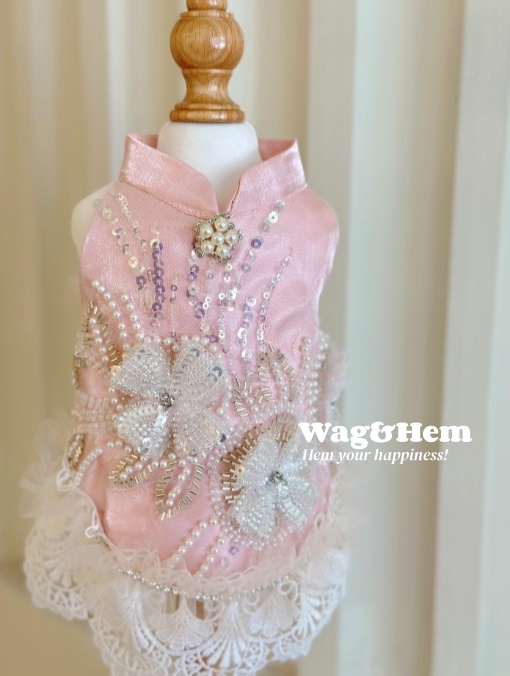 (度身訂製)「紫綾花絨」高級寵物禮服裙(粉)|寵物婚禮|高端布料【UT系列】