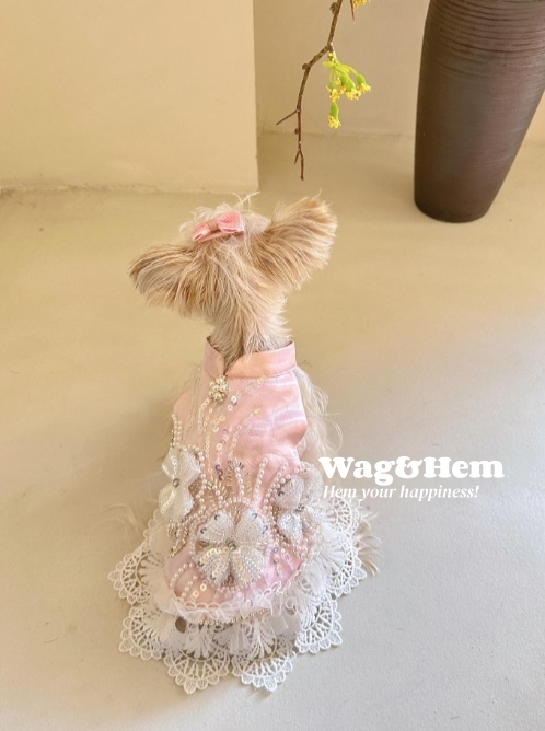 (度身訂製)「紫綾花絨」高級寵物禮服裙(粉)|寵物婚禮|高端布料【UT系列】