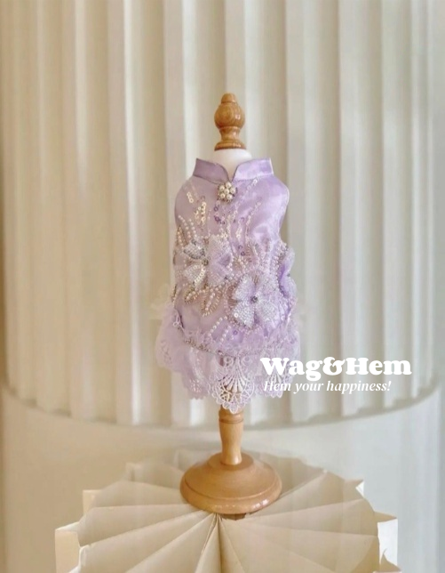 (Hecho a medida)Vestido de gala para mascotas "Seda de flores moradas"|Boda para mascotas|Tela de alta gama【Serie UT】