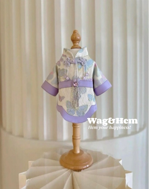 (度身訂製)「蝶影珠絳」高級寵物禮服裙(紫)|寵物婚禮|高端布料【UT系列】