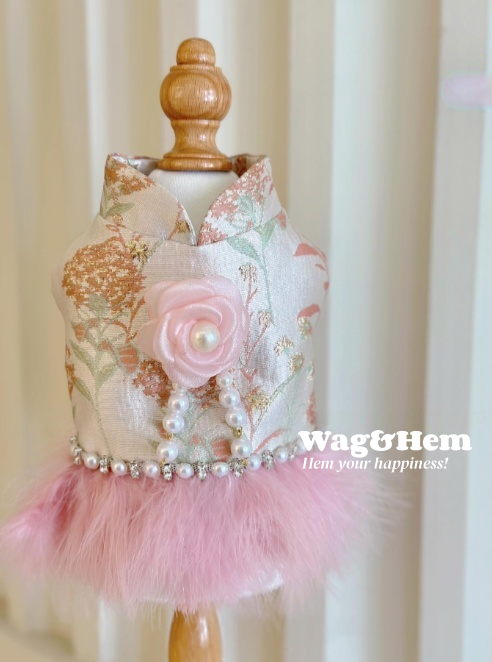 (度身訂製)「花漾羽珠」高級寵物禮服裙 (3色可選)|寵物婚禮|高端布料【UT系列】