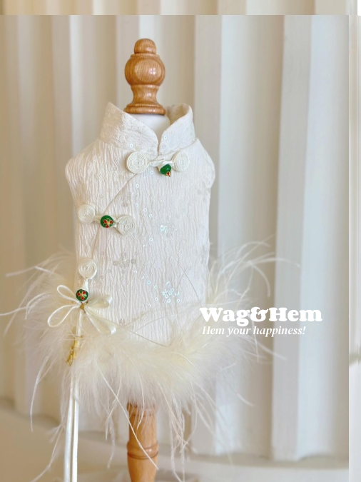 （度身訂製）「玉扣仙羽」高級寵物禮服裙 ｜寵物婚禮｜高端布料【UT系列】