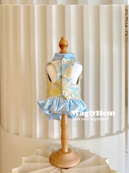 （度身訂製）「青緞金繡」高級寵物禮服裙 ｜寵物婚禮｜高端布料【UT系列】