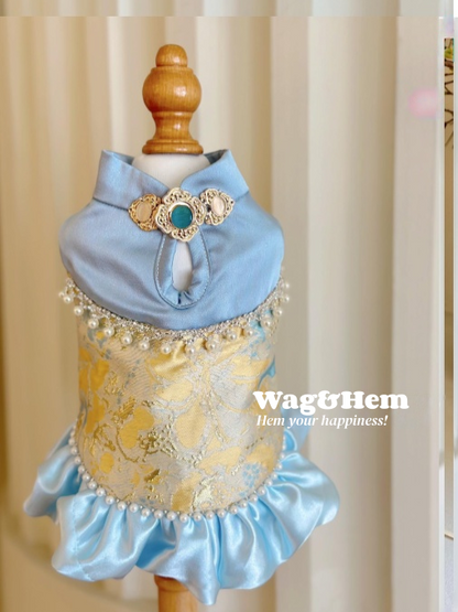（度身訂製）「青緞金繡」高級寵物禮服裙 ｜寵物婚禮｜高端布料【UT系列】