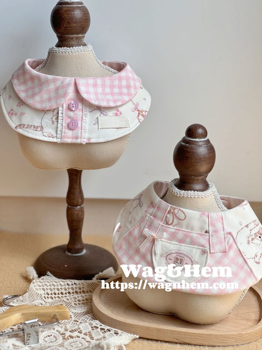(XXS-5XL)「粉格貓咪」貓狗通用口水巾｜“Pink Plaid Cat" Pet Bibs｜WAG&HEM自家生產
