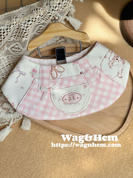 (XXS-5XL)「粉格貓咪」貓狗通用口水巾｜“Pink Plaid Cat" Pet Bibs｜WAG&HEM自家生產