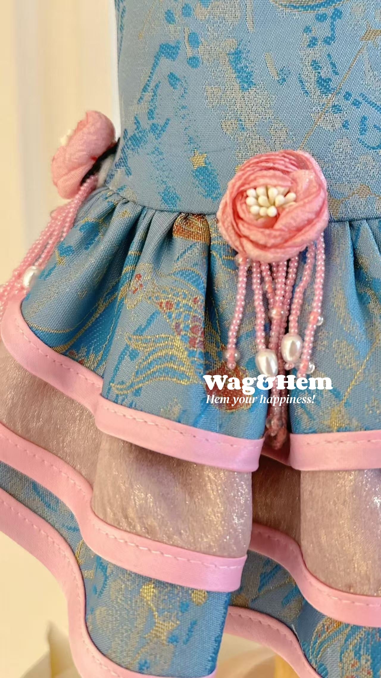 （度身訂製）「藍粉綢鑽」高級寵物禮服裙｜寵物婚禮｜高端布料【UT系列】