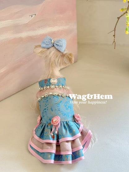 （度身訂製）「藍粉綢鑽」高級寵物禮服裙｜寵物婚禮｜高端布料【UT系列】
