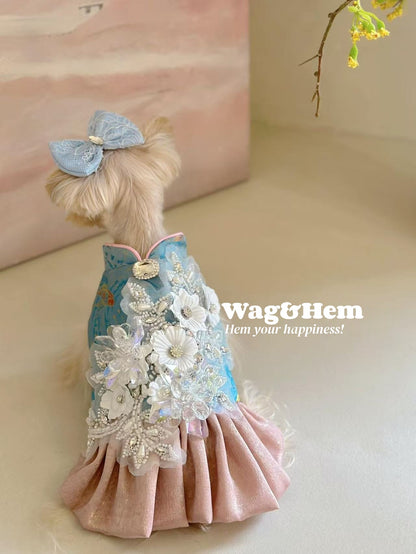 （度身訂製）「碧綾花鑽」高級寵物禮服裙｜寵物婚禮｜高端布料【UT系列】