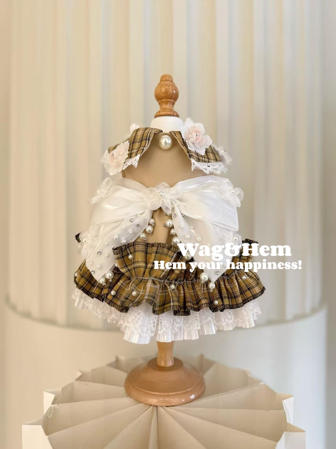 （度身訂製）「格紋珠花」高級多色禮服(棕)｜寵物婚禮｜高端布料【UT系列】