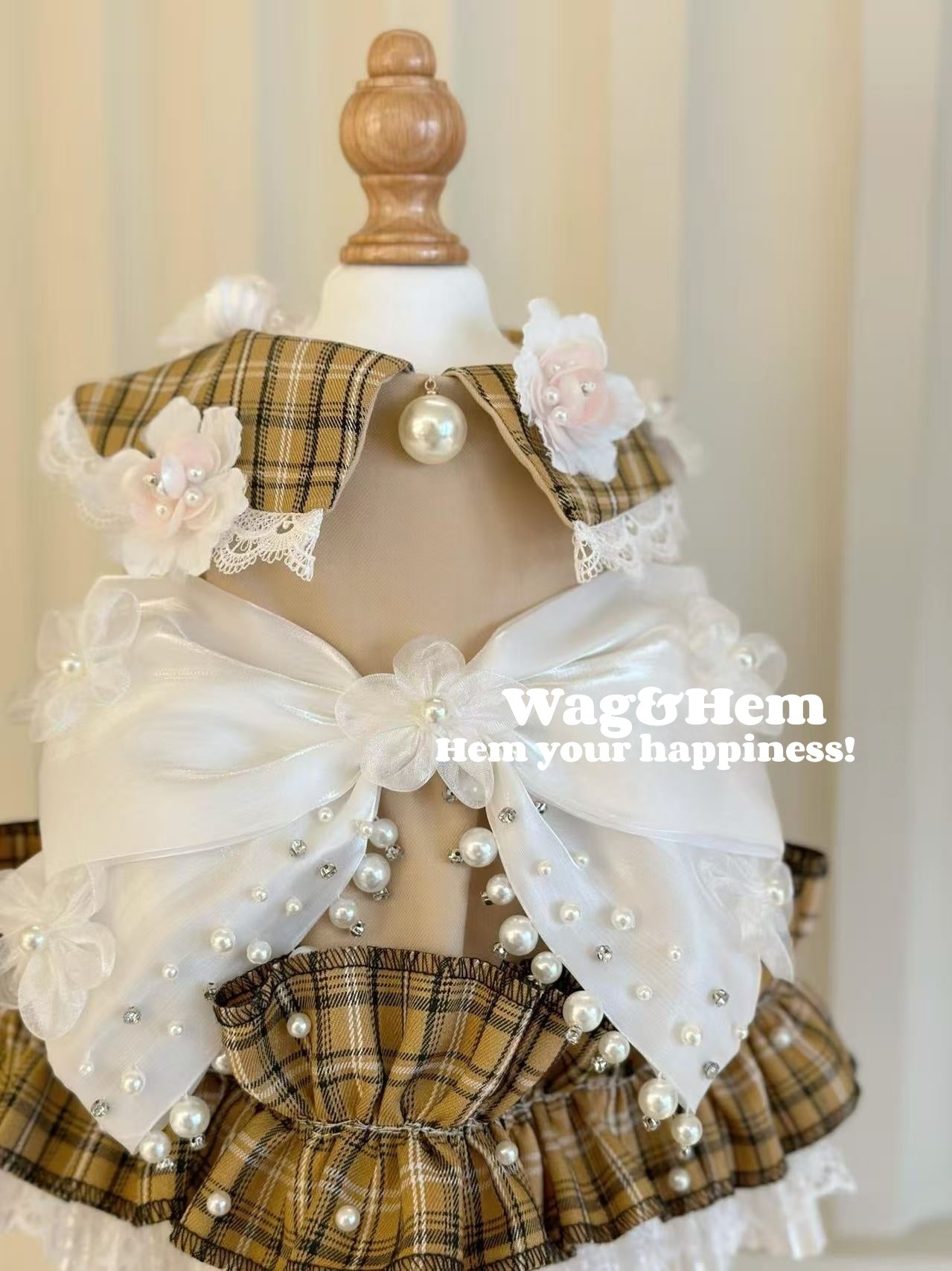 （度身訂製）「格紋珠花」高級多色禮服(棕)｜寵物婚禮｜高端布料【UT系列】