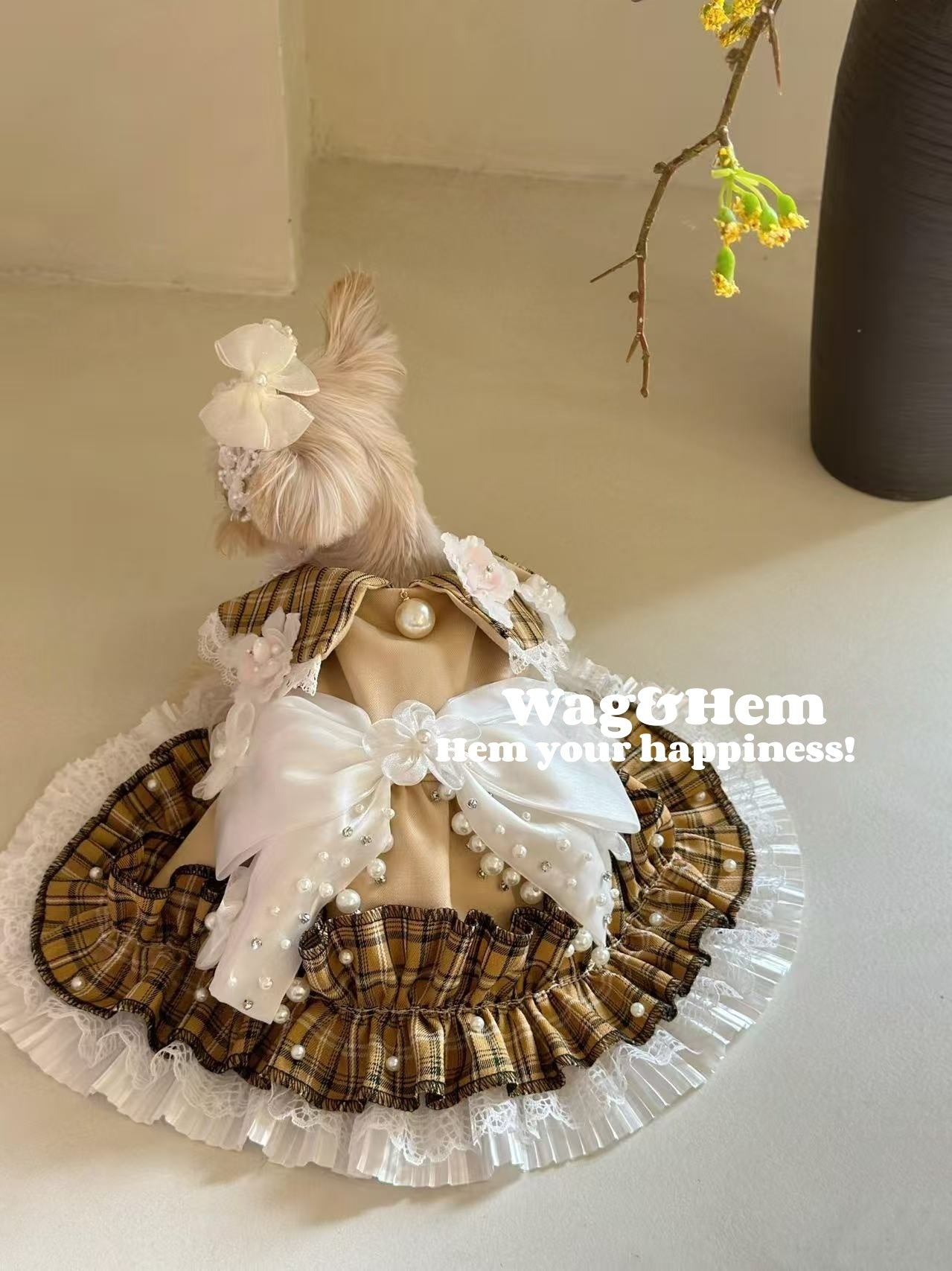 （度身訂製）「格紋珠花」高級多色禮服(棕)｜寵物婚禮｜高端布料【UT系列】