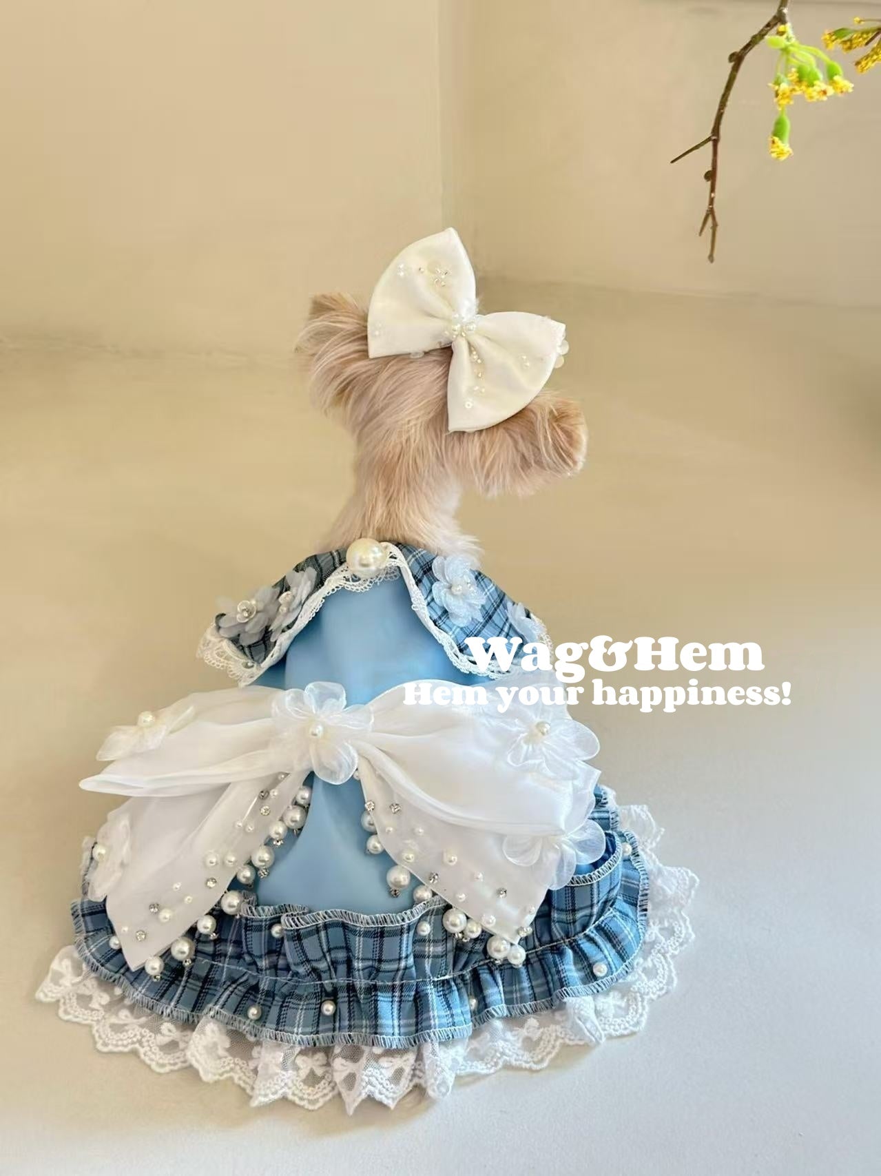 （度身訂製）「格紋珠花」高級多色禮服(藍)｜寵物婚禮｜高端布料【UT系列】