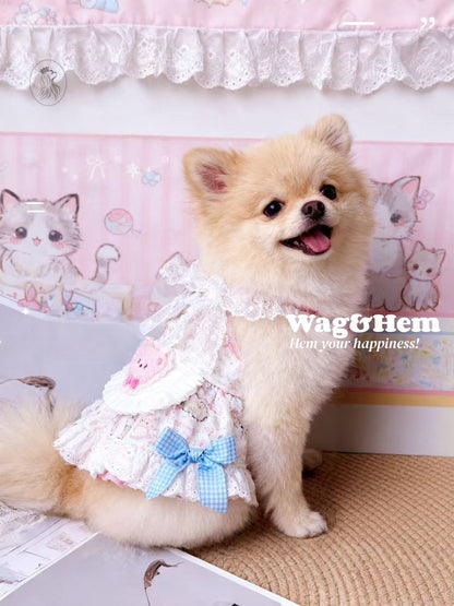 「萌系甜境」童趣印花風裙子｜藍格紋蝴蝶結｜蕾絲手工裙【PC系列】