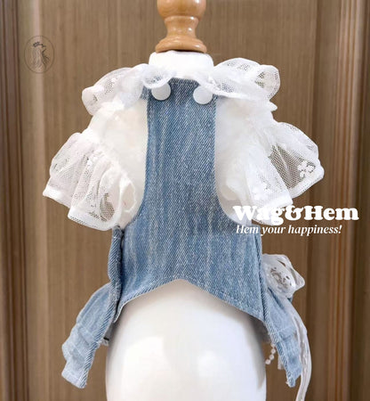 「雲雀綴羽」淺藍牛仔吊帶裙｜可單穿蕾絲衫｜閃鑽蕾絲結【PC系列】