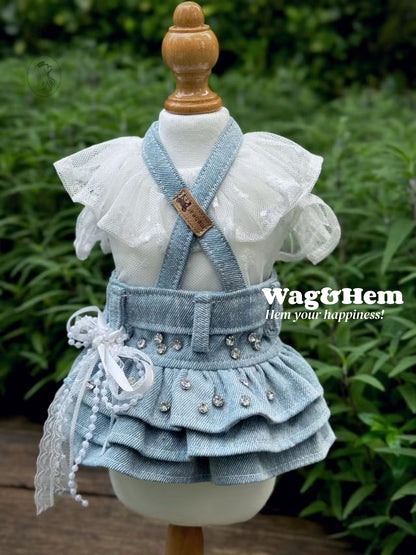 「雲雀綴羽」淺藍牛仔吊帶裙｜可單穿蕾絲衫｜閃鑽蕾絲結【PC系列】