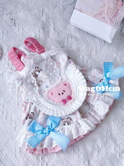 「萌系甜境」童趣印花風裙子｜藍格紋蝴蝶結｜蕾絲手工裙【PC系列】