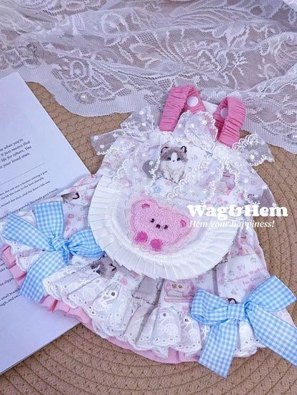 「萌系甜境」童趣印花風裙子｜藍格紋蝴蝶結｜蕾絲手工裙【PC系列】