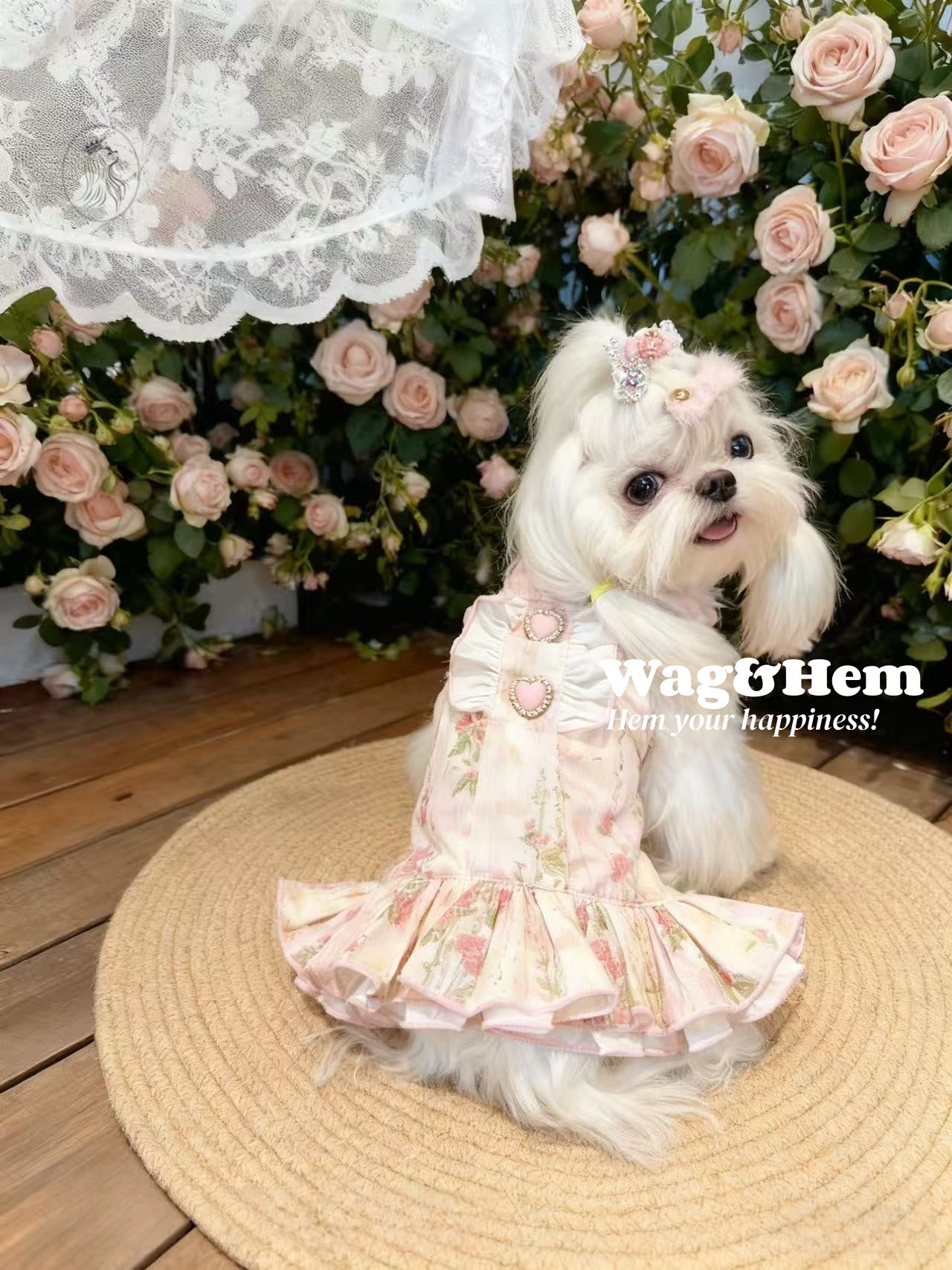 「花漾甜心」水彩碎花裙｜心形珍珠鈕扣｜荷葉邊裙擺【PC系列】