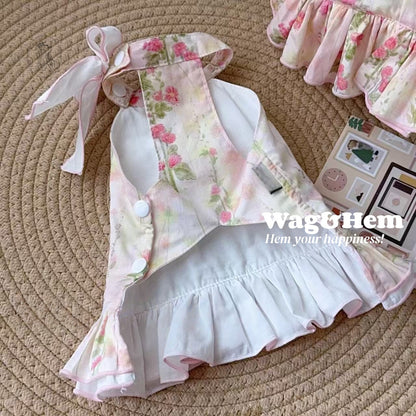 「花漾甜心」水彩碎花裙｜心形珍珠鈕扣｜荷葉邊裙擺【PC系列】