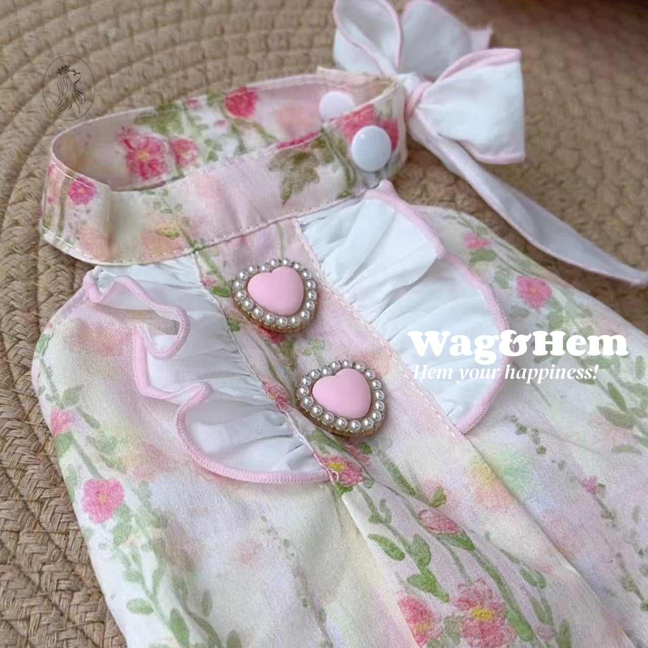 「花漾甜心」水彩碎花裙｜心形珍珠鈕扣｜荷葉邊裙擺【PC系列】