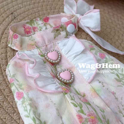 「花漾甜心」水彩碎花裙｜心形珍珠鈕扣｜荷葉邊裙擺【PC系列】