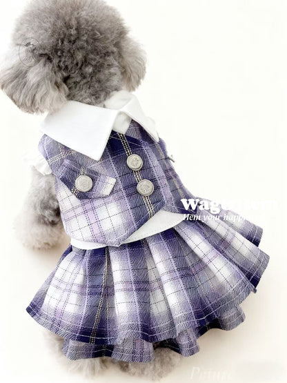 「紫町學院」紫格紋百褶裙｜日系校園風格｜雙排鈕扣設計【PC系列】