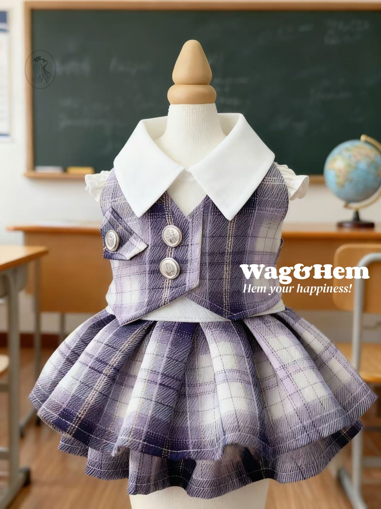 「紫町學院」紫格紋百褶裙｜日系校園風格｜雙排鈕扣設計【PC系列】