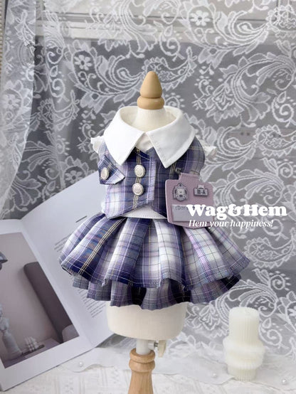 「紫町學院」紫格紋百褶裙｜日系校園風格｜雙排鈕扣設計【PC系列】