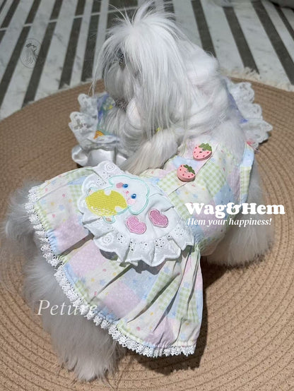 「莓果小兔」粉藍綠格紋拼接裙｜夢幻主題風｜蕾絲圍兜邊【PC系列】