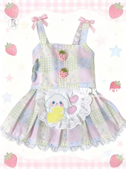 「莓果小兔」粉藍綠格紋拼接裙｜夢幻主題風｜蕾絲圍兜邊【PC系列】