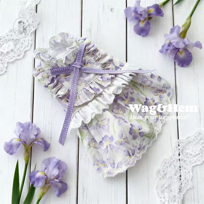 「紫蘿漫境」紫羅蘭印花裙｜蓬鬆蕾絲領口｜緞帶蝴蝶結【PC系列】