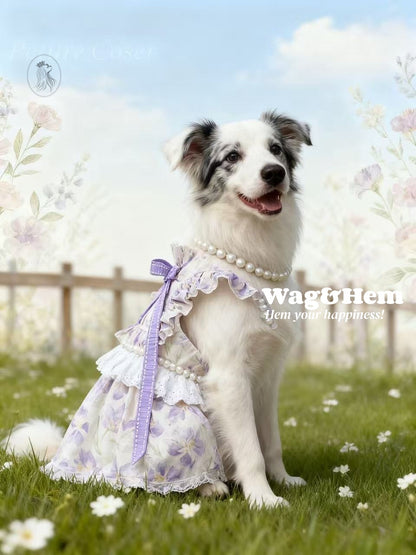 「紫蘿漫境」紫羅蘭印花裙｜蓬鬆蕾絲領口｜緞帶蝴蝶結【PC系列】