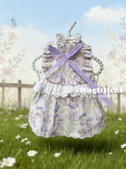 「紫蘿漫境」紫羅蘭印花裙｜蓬鬆蕾絲領口｜緞帶蝴蝶結【PC系列】