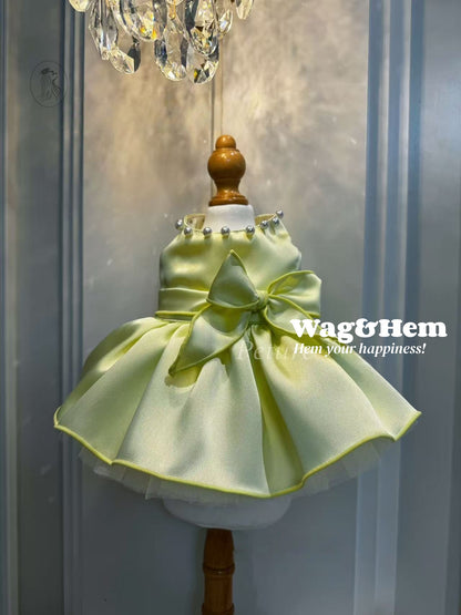 「嫩黃頌歌」法式優雅裙子｜柔和黃緞面料｜大蝴蝶結裙【PC系列】