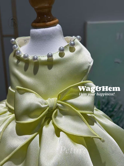 「嫩黃頌歌」法式優雅裙子｜柔和黃緞面料｜大蝴蝶結裙【PC系列】