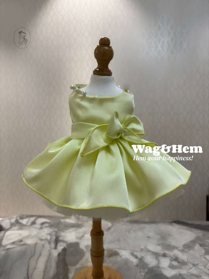 「嫩黃頌歌」法式優雅裙子｜柔和黃緞面料｜大蝴蝶結裙【PC系列】