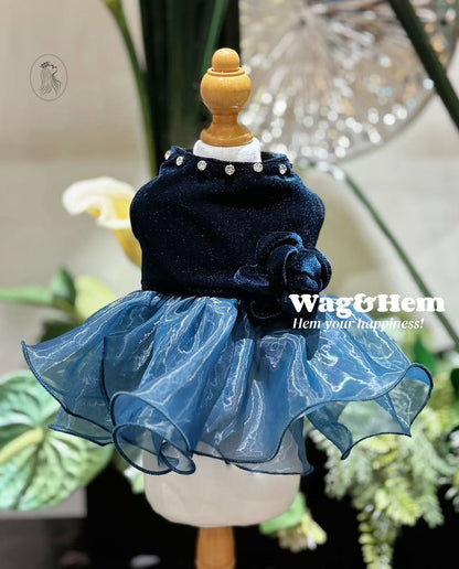 「夜宴星辰」立體花飾裙子｜深藍細閃絲絨｜透氣漸變紗裙【PC系列】