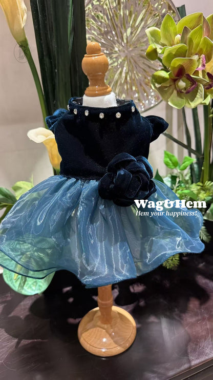 「夜宴星辰」立體花飾裙子｜深藍細閃絲絨｜透氣漸變紗裙【PC系列】