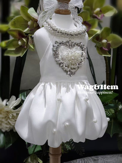 「心鑽盛宴」純白緞面寵物婚紗裙｜浪漫奢華風｜蓬鬆雲朵工藝裙【PC系列】